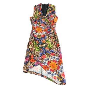 Nicole Miller Collection Dress Womens P Tropical Floral Animal Print Faux Wrap